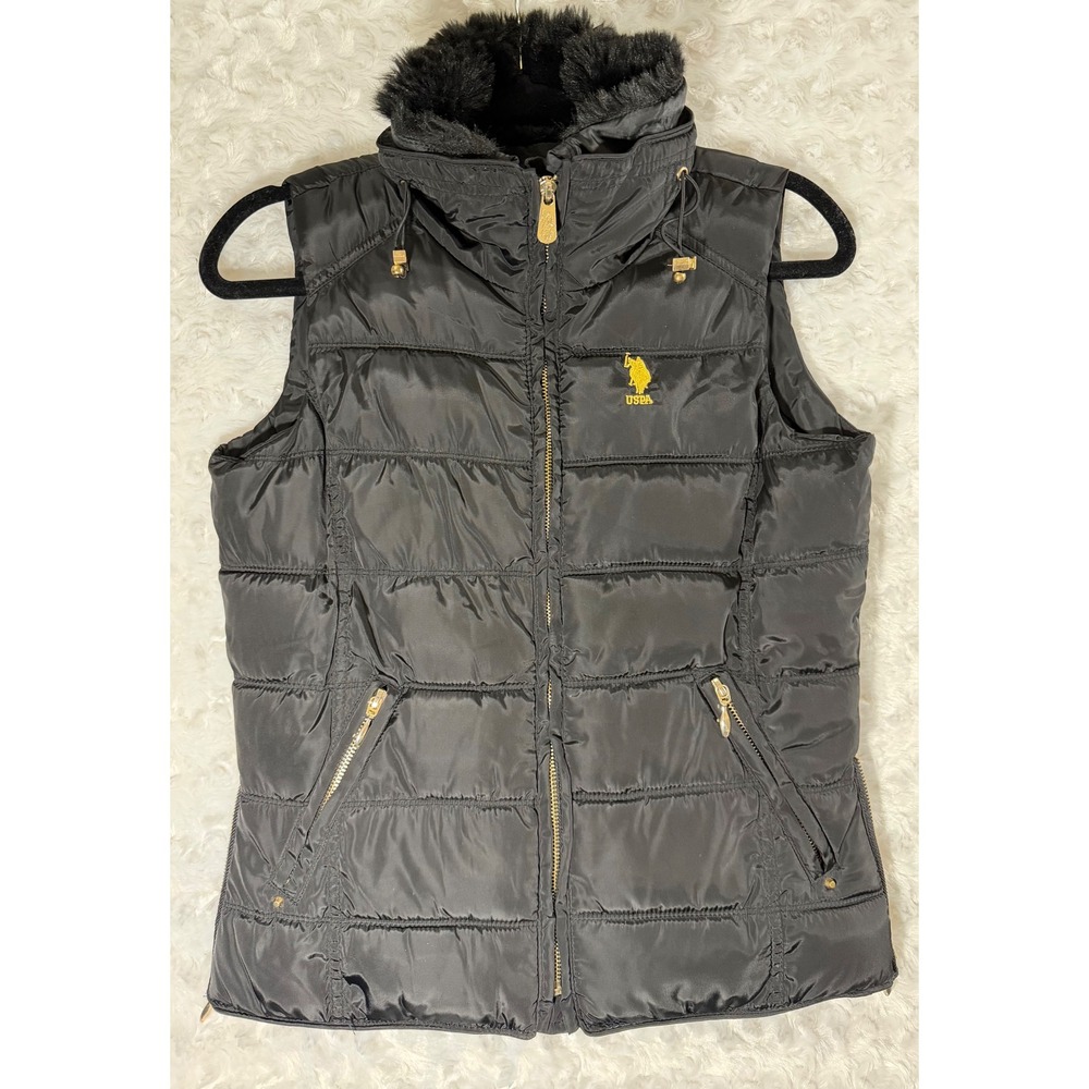 U.S. Polo Assn Women's Small Black Puffer Faux Fur Collar Gold Zip Vest